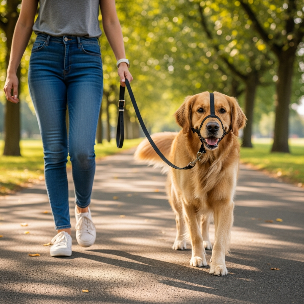 A dog walking calmly on a properly fitted head halter next to its owner.
